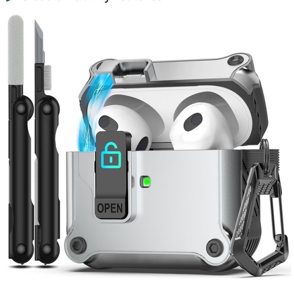 RFUNGUANGO Other - RFUNGUANGO AirPods 3rd Gen Case Rugged Shockproof Silver Lock Cover Cleaning Pen